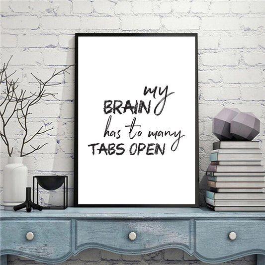 My Brain Has To Many Tabs - Black and White Printable Wall Art Quote